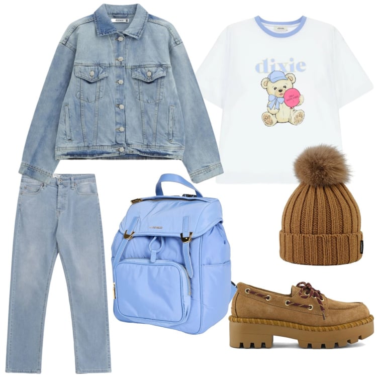 Outfit donna - Outfit scuola nei toni tenui. Stile Casual per Scuola/Università. Abbinamento con zaini, t-shirt, jeans, blazer, berretti, mocassini.