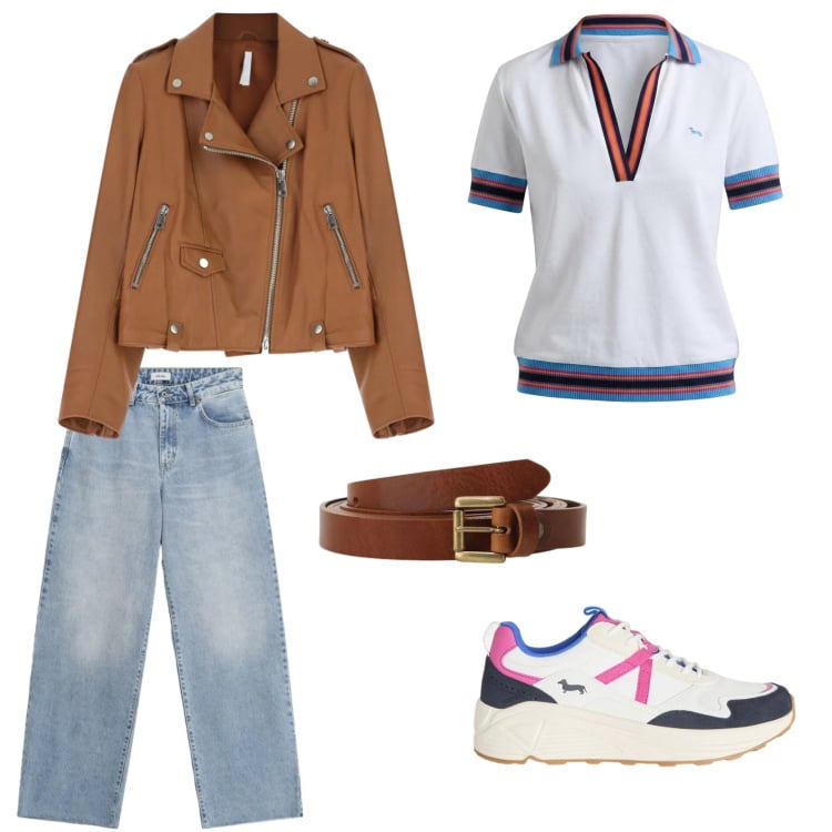 Outfit donna - Sportivo e per una passeggiata. Stile Sporty chic per Tutti i giorni. Abbinamento con sneakers, polo, giacche, jeans dritti, cinture.