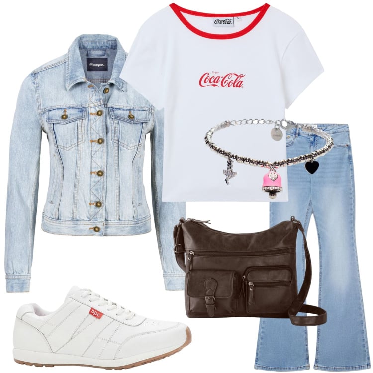 Outfit donna - Denim e casual. Stile Trendy per Tutti i giorni. Abbinamento con sneakers, giacche sportive, borse a tracolla, jeans a zampa, t-shirt, braccialetti.