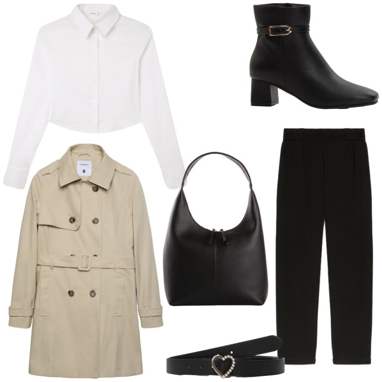 Outfit donna - Basic. Stile Basic per Tutti i giorni. Abbinamento con stivaletti, shopping bag, cinture, trench, camicie, pantaloni.