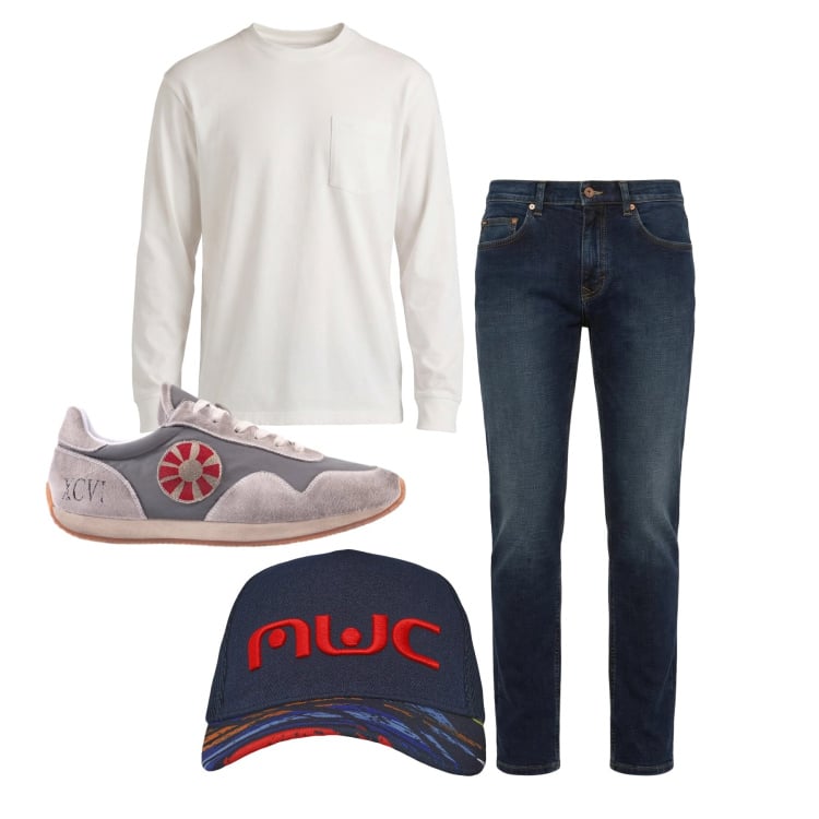 Outfit uomo - Marzo. Stile Trendy per Tutti i giorni. Abbinamento con jeans, t-shirt, cappelli con visiera, sneakers.