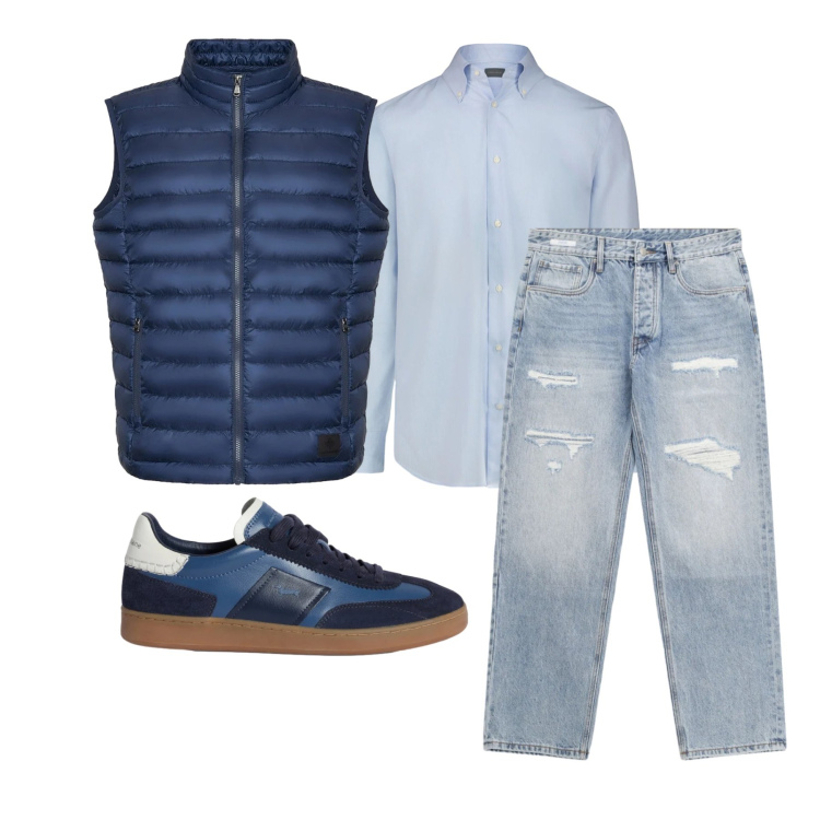 Outfit uomo - Marzo. Stile Trendy per Tutti i giorni. Abbinamento con sneakers, jeans strappati, piumini, camicie.