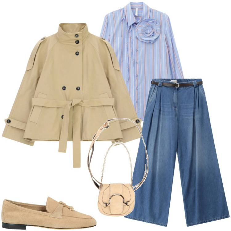 Outfit donna - Trench a marzo. Stile Urban per Tutti i giorni. Abbinamento con mocassini, marsupi, camicie, trench, jeans.