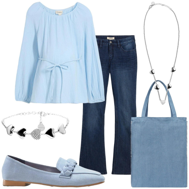 Outfit donna - Casual in jeans. Stile Casual per Tutti i giorni. Abbinamento con bluse, jeans a zampa, mocassini, borse tote, collane, braccialetti.