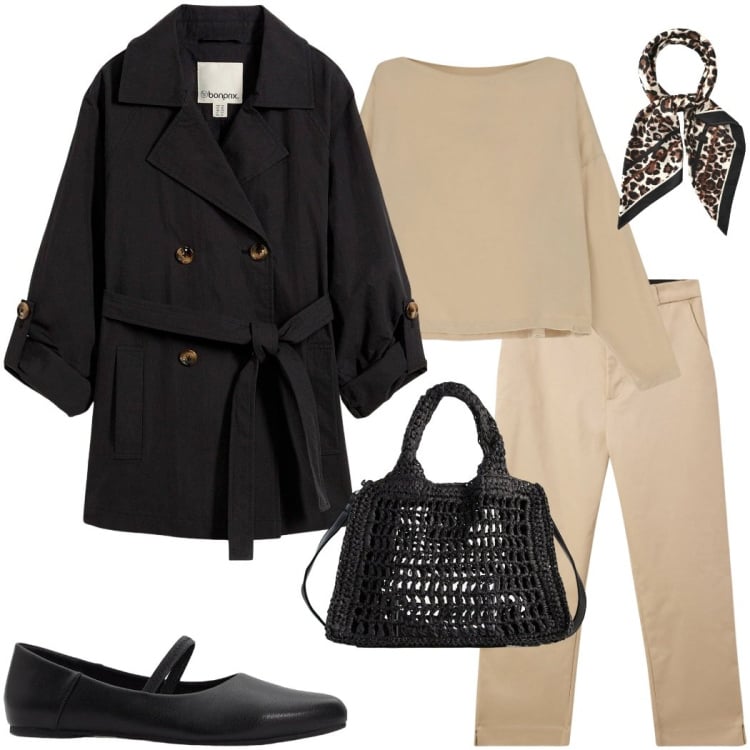 Outfit donna - Trench a marzo. Stile Urban per Tutti i giorni. Abbinamento con borse a tracolla, ballerine, trench, pantaloni, foulard, t-shirt.
