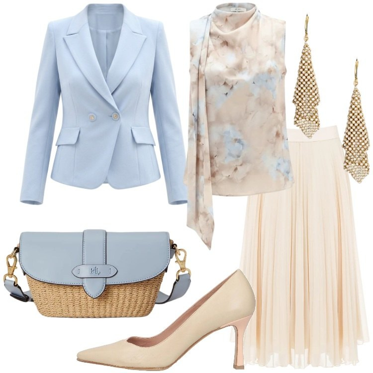 Outfit donna - Rinascimento SS26. Stile Chic per Cerimonia. Abbinamento con décolleté, gonne longuette, top, blazer, borse a spalla, orecchini.