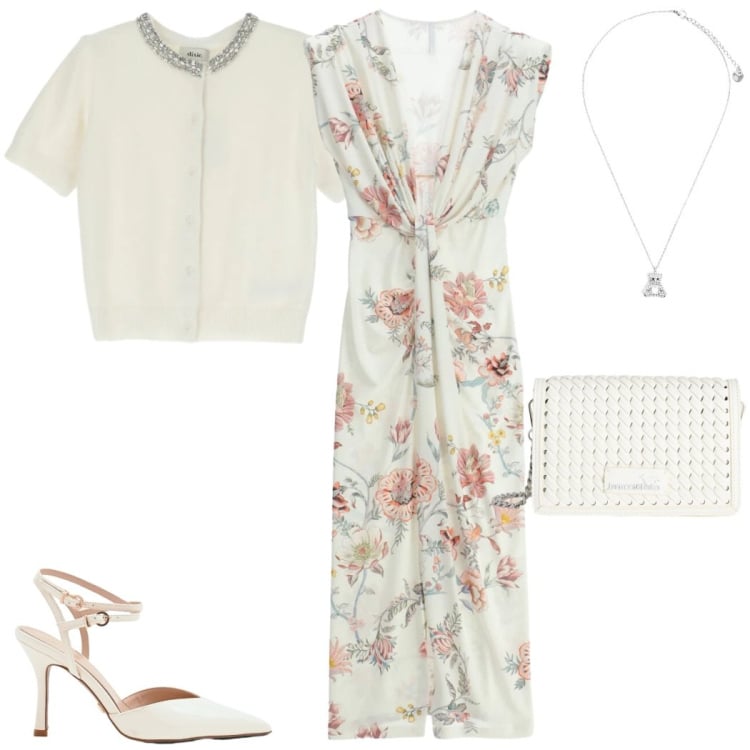 Outfit donna - Fantasia floreale. Stile Chic per Cerimonia. Abbinamento con borse a tracolla, vestiti lunghi, cardigans, ciondoli, décolleté.