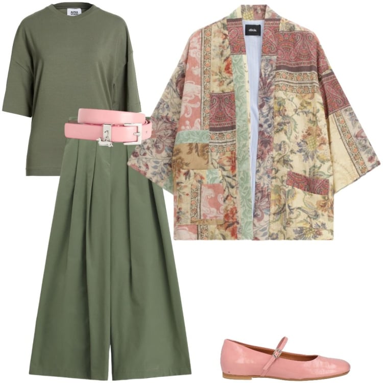 Outfit donna - Fantasia floreale. Stile Casual chic per Tutti i giorni. Abbinamento con ballerine, t-shirt, cinture, pantaloni a palazzo, blazer.