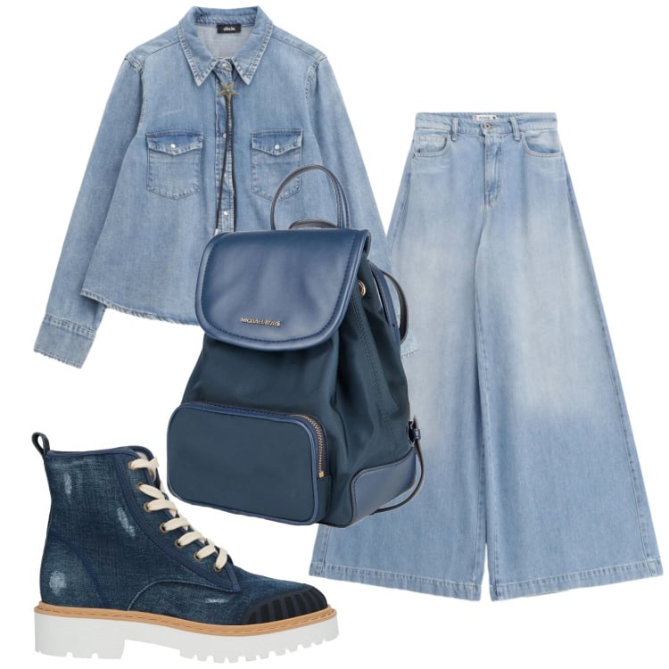 Outfit donna - Total look #2359791. Stile Trendy per Scuola/Università. Abbinamento con stivaletti, zaini, camicie, jeans.