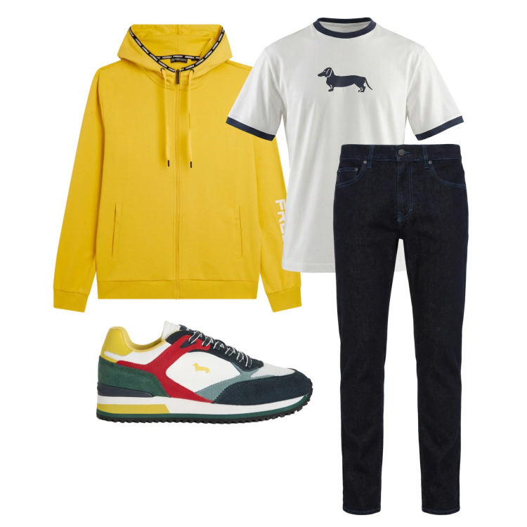Outfit uomo - Marzo. Stile Casual per Tutti i giorni. Abbinamento con jeans, sneakers, t-shirt, felpe con cappuccio.
