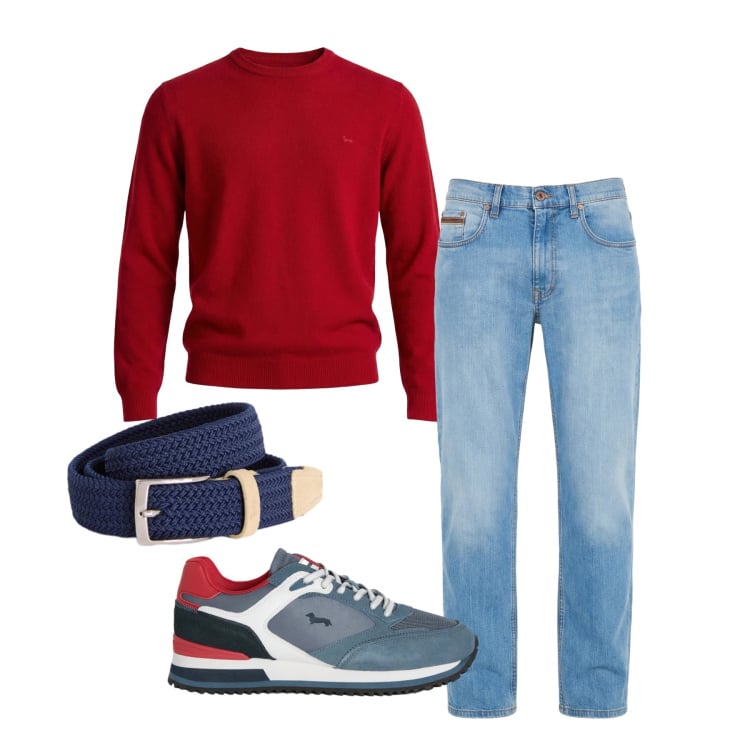 Outfit uomo - Marzo. Stile Trendy per Tutti i giorni. Abbinamento con jeans, sneakers, cinture, pullovers.