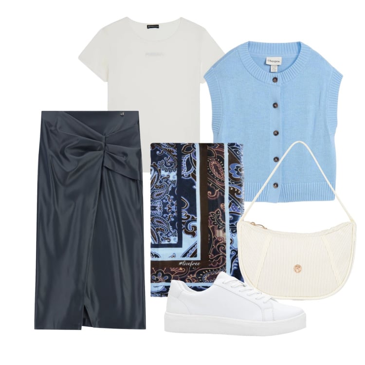 Outfit donna - Marzo. Stile Casual chic per Tutti i giorni. Abbinamento con sneakers, maglieria, foulard, gonne longuette, borse a mano, t-shirt.