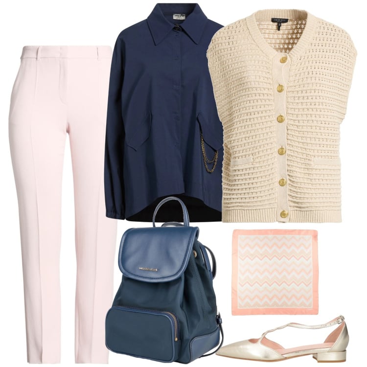 Outfit donna - Zaino elegante. Stile Casual chic per Ufficio. Abbinamento con zaini, cardigans, sciarpe, pantaloni, camicie, ballerine.