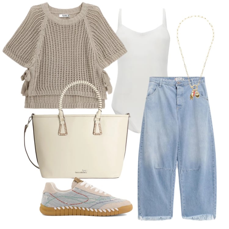 Outfit donna - Marzo. Stile Urban per Tutti i giorni. Abbinamento con shopping bag, top, jeans, body, ciondoli, sneakers.