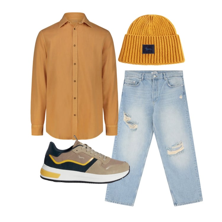Outfit uomo - Marzo. Stile Urban per Tutti i giorni. Abbinamento con sneakers, berretti, jeans strappati, camicie.