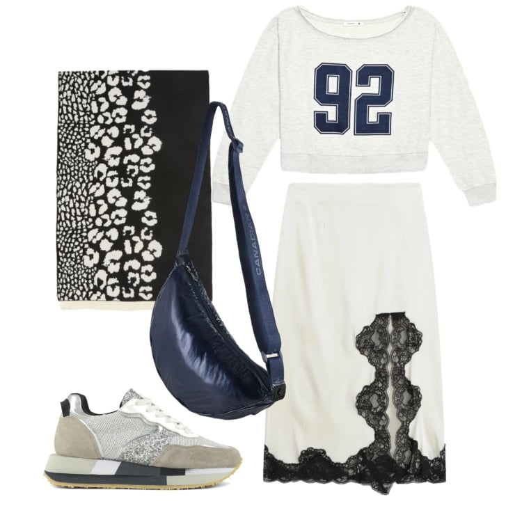 Outfit donna - Marzo. Stile Urban per Tutti i giorni. Abbinamento con felpe, sciarpe, gonne, borse a tracolla, sneakers.