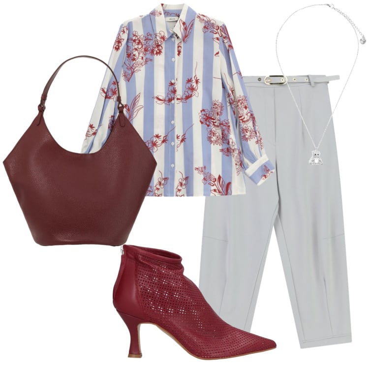 Outfit donna - Trend ufficio venerdì. Stile Urban per Ufficio. Abbinamento con stivaletti, pantaloni, borse a spalla, camicie, ciondoli.