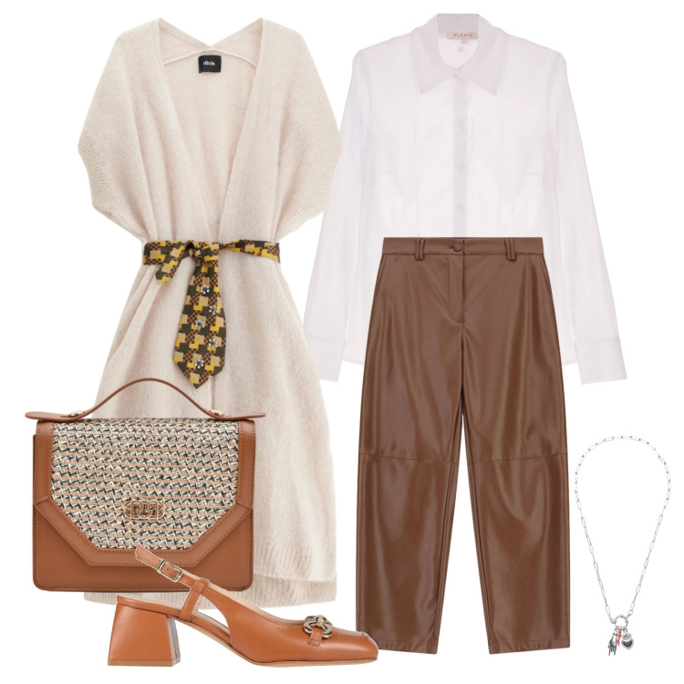 Outfit donna - Marzo. Stile Trendy per Ufficio. Abbinamento con décolleté, pantaloni, gilet, ciondoli, camicie, pochette.