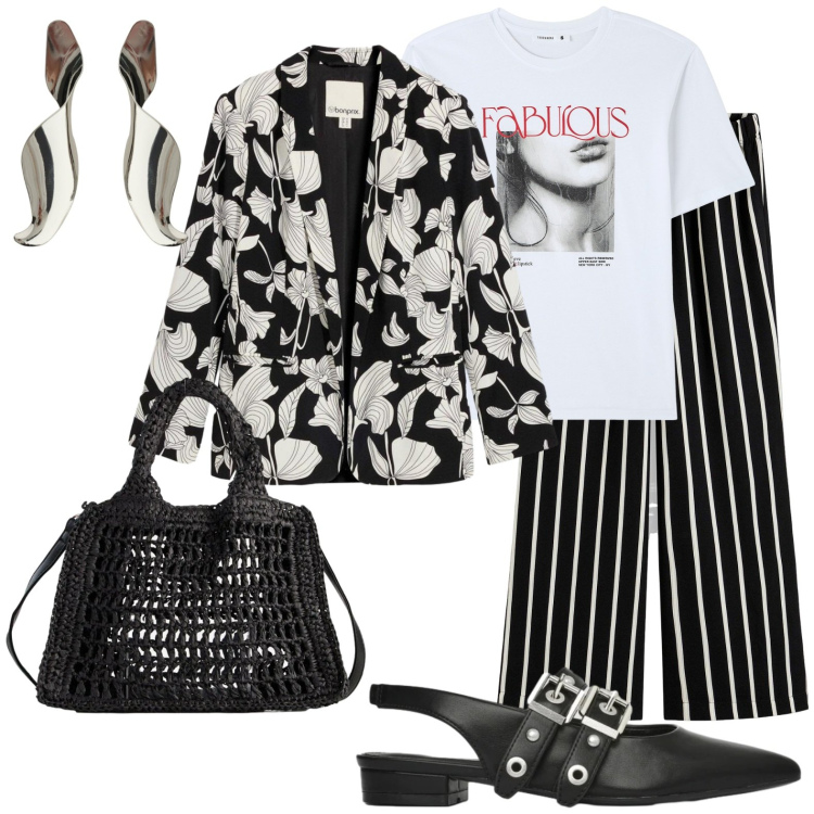 Outfit donna - Black & White. Stile Glamour per Tutti i giorni. Abbinamento con blazer, pantaloni, borse a tracolla, t-shirt, ballerine, orecchini.