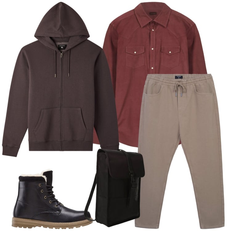 Outfit uomo - Rugged Earth Explorer. Stile Urban per Tutti i giorni. Abbinamento con stivali e stivaletti, pantaloni, felpe con cappuccio, borse sportive, camicie.