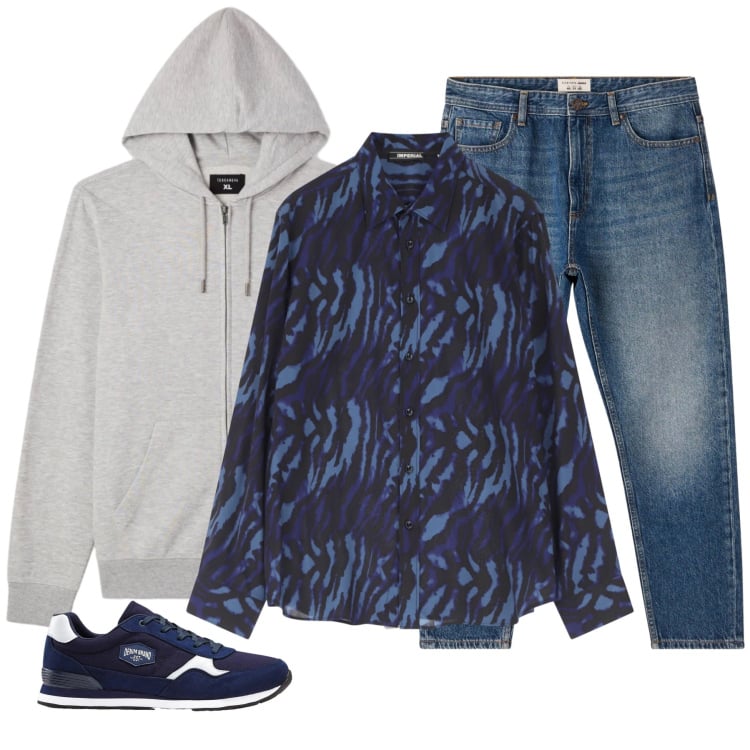 Outfit uomo - Blue Zebra Street-Vibe. Stile Trendy per Tutti i giorni. Abbinamento con sneakers, jeans, felpe con cappuccio, camicie.