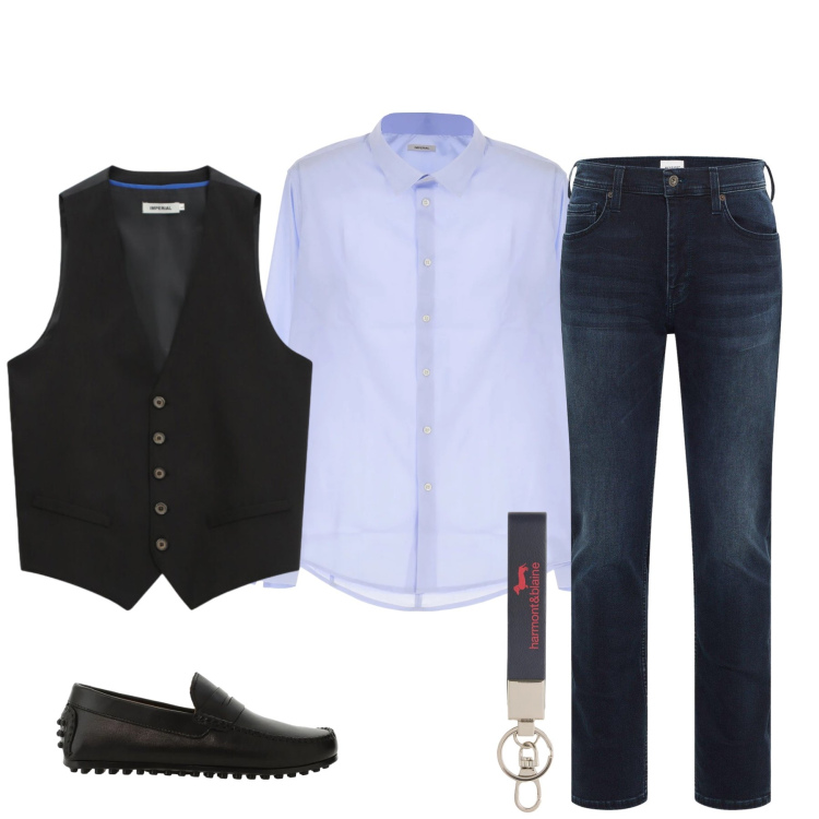 Outfit uomo - Modern Dandy Casual-Chic. Stile Trendy per Tutti i giorni. Abbinamento con jeans slim fit, portachiavi, camicie, gilet, scarpe stringate.