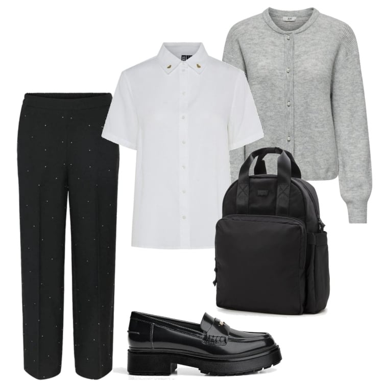 Outfit mujer - Basic look. Estilo Basic para Oficina. Combinación con mochilas, pantalones, camisas de manga corta, mocasines, blazers.