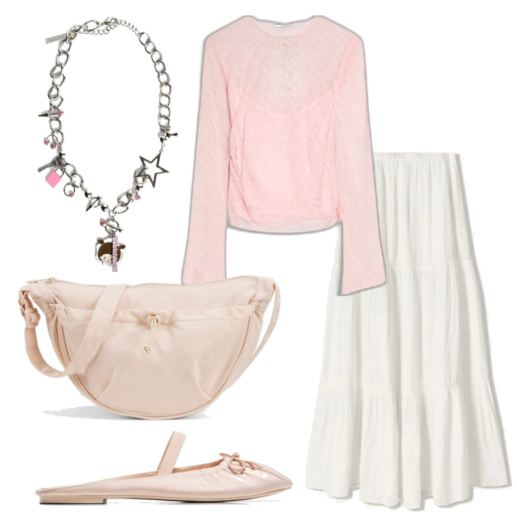 Outfit mujer - Romantica. Estilo Romántica para Todos los días. Combinación con falda longuette, bailarinas, riñoneras, collares, camiseta.
