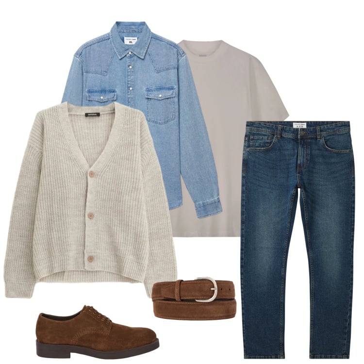 Outfit uomo - Urban Nomad Layering. Stile Trendy per Tutti i giorni. Abbinamento con cardigans, jeans, camicie, cinture, scarpe stringate, t-shirt.