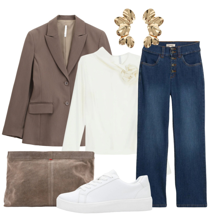 Outfit donna - Dall\'ufficio all\'aperitivo. Stile Casual chic per Tutti i giorni. Abbinamento con jeans dritti, sneakers, blazer, t-shirt, orecchini, pochette.