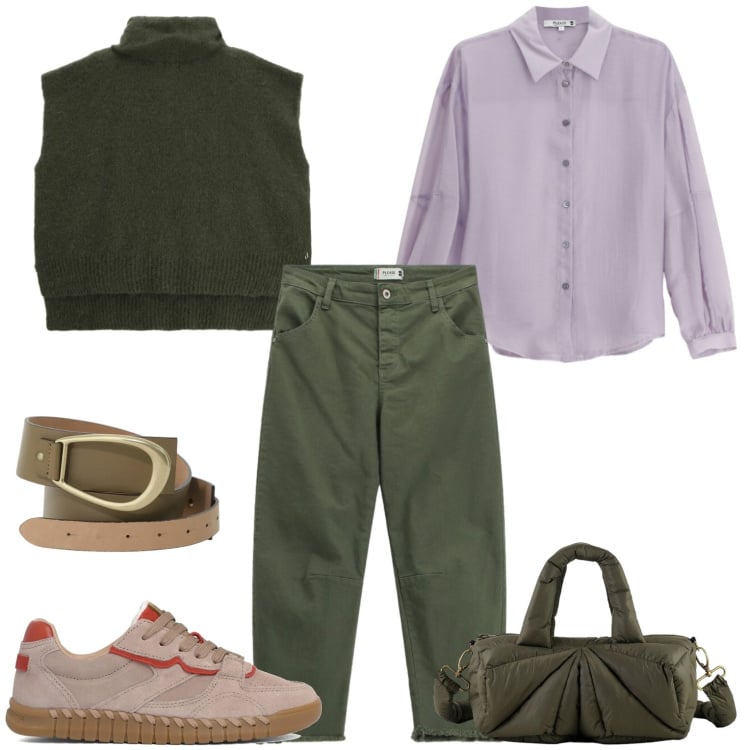 Outfit donna - Per la mezza stagione. Stile Casual per Tutti i giorni. Abbinamento con cinture, maglieria, camicie, pantaloni, borse a mano, sneakers.