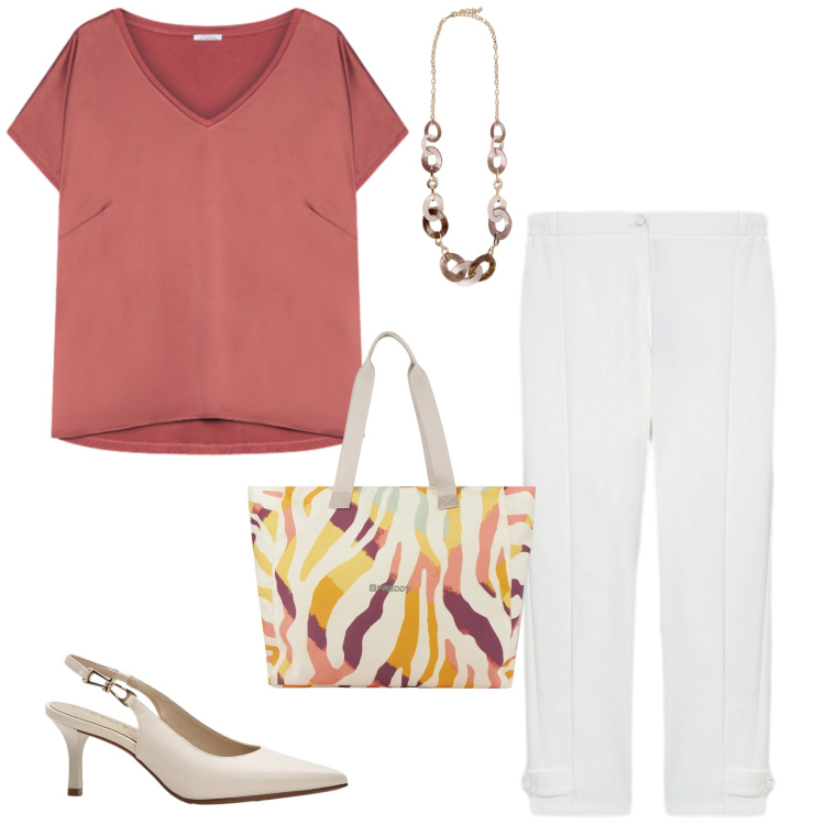 Outfit donna - Chic Contemporaneo. Stile Casual chic per Tutti i giorni. Abbinamento con décolleté, bluse, collane, pantaloni, shopping bag.