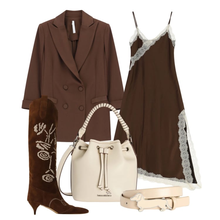 Outfit donna - Marzo. Stile Glamour per Tutti i giorni. Abbinamento con borse a secchiello, cinture, vestiti lunghi, blazer, stivali.