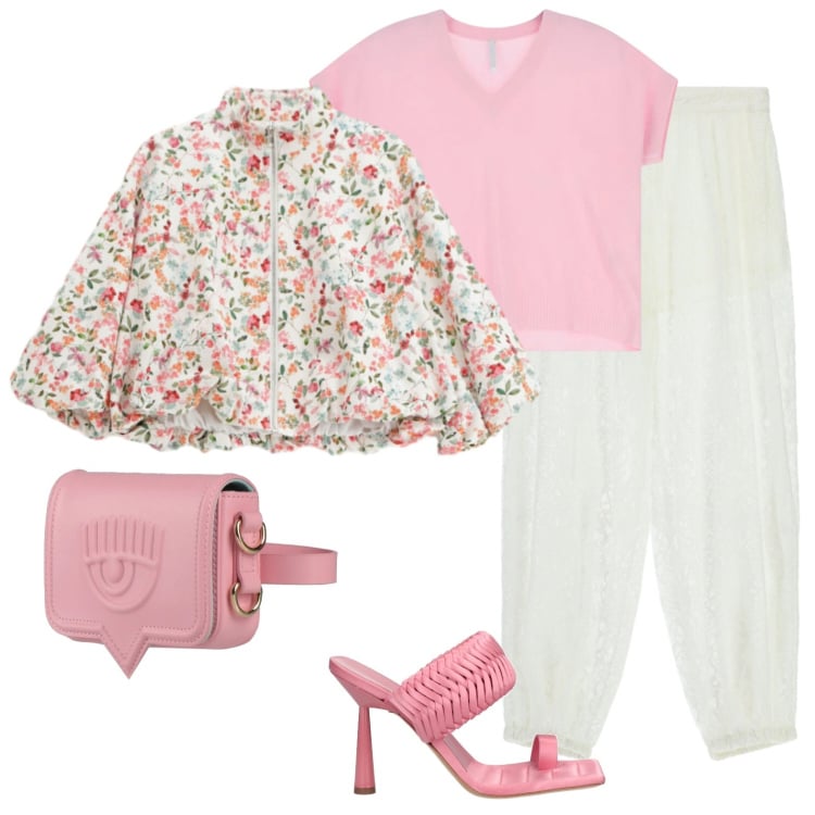 Outfit donna - Romantica per marzo. Stile Romantica per Tutti i giorni. Abbinamento con marsupi, ciabatte, bomber, t-shirt, pantaloni a palazzo.