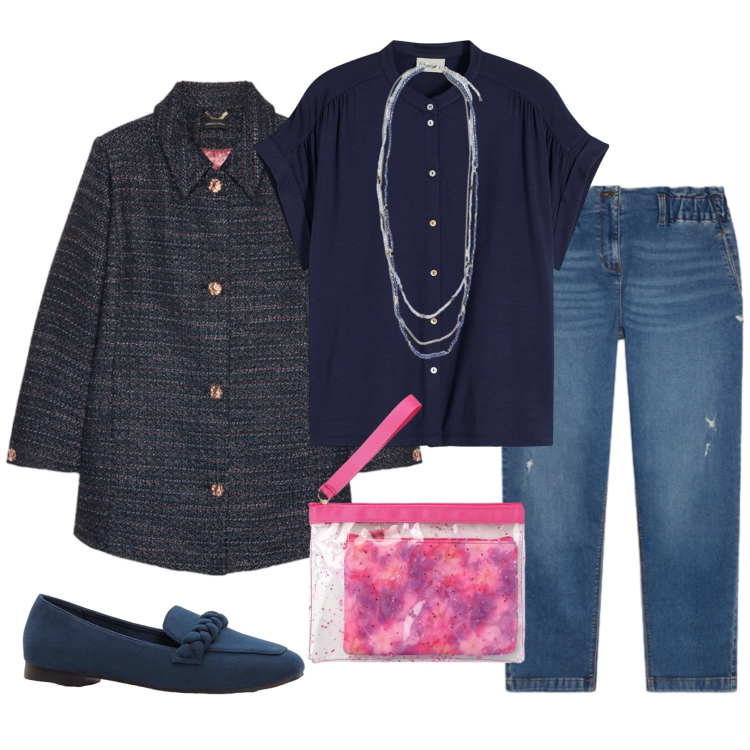 Outfit donna - Eleganza Navy con Accento Pop. Stile Casual chic per Tutti i giorni. Abbinamento con mocassini, camicie, pochette, cappotti, jeans strappati, collane.