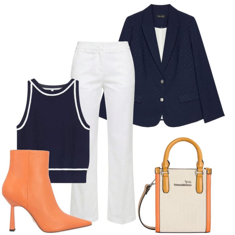 Outfit donna - Qualcosa di tangerine. Stile Casual chic per Tutti i giorni. Abbinamento con stivaletti, pantaloni, borse tote, top, blazer.