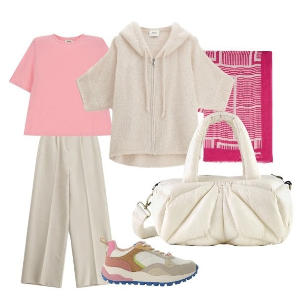 Outfit donna - albori. Stile Basic per Scuola/Università. Abbinamento con sciarpe, cardigans, pantaloni, sneakers, t-shirt, borse a mano.