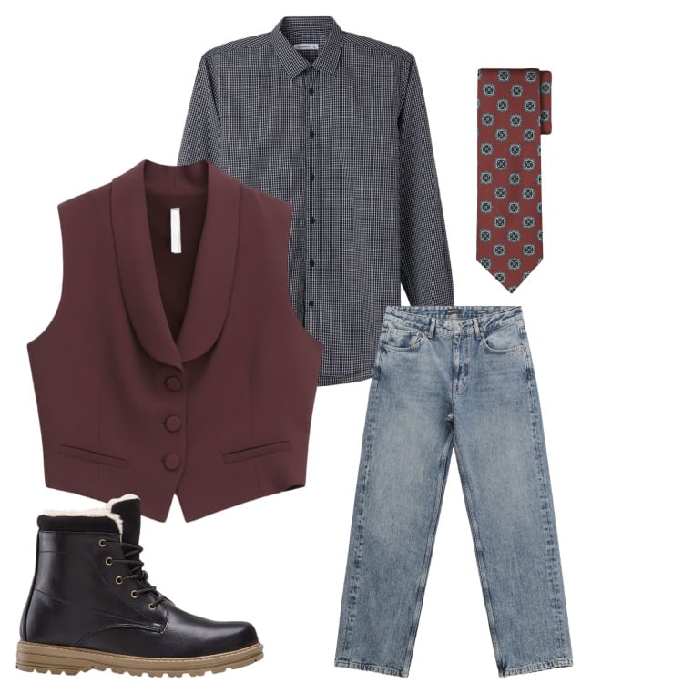 Outfit uomo - Urban Dandy. Stile Trendy per Tutti i giorni. Abbinamento con stivali e stivaletti, jeans dritti, gilet, camicie, cravatte.