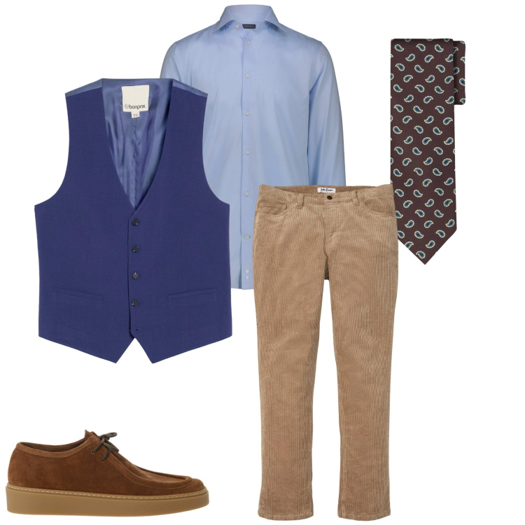 Outfit uomo - Heritage Moderno. Stile Trendy per Tutti i giorni. Abbinamento con gilet, pantaloni, scarpe stringate, camicie, cravatte.