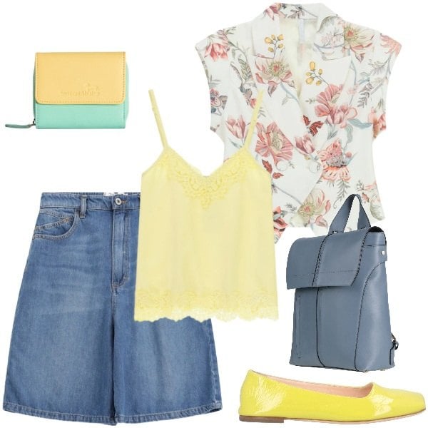 Outfit donna - Total look #2359875. Stile Romantica per Tutti i giorni. Abbinamento con ballerine, zaini, portafogli, gilet, top, bermuda.
