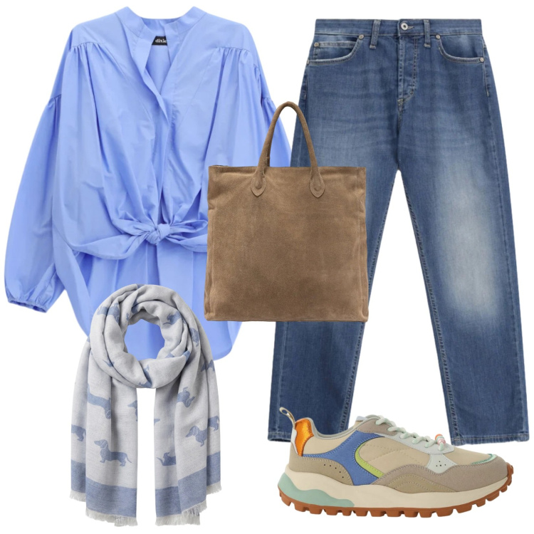 Outfit donna - Passeggiata. Stile Casual per Tutti i giorni. Abbinamento con sciarpe, camicie, sneakers, jeans dritti, borse a mano.