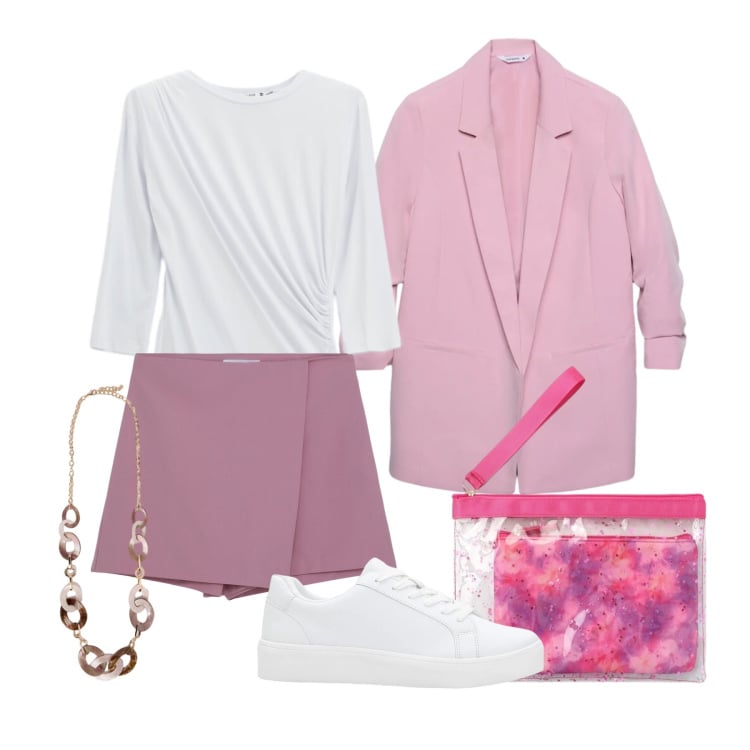 Outfit donna - Marzo. Stile Casual chic per Tutti i giorni. Abbinamento con sneakers, minigonne, blazer, pochette, collane, top.