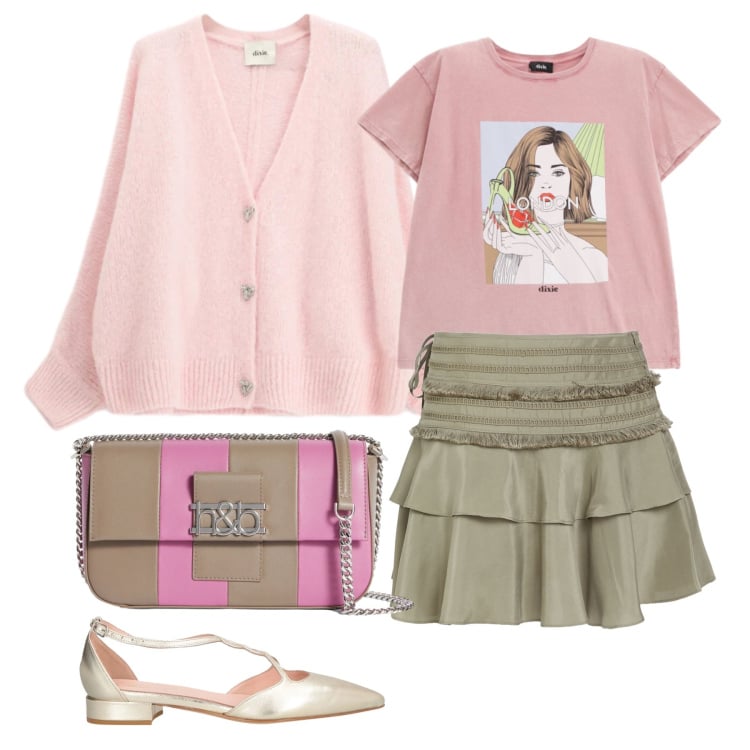 Outfit donna - Marzo. Stile Casual chic per Tutti i giorni. Abbinamento con ballerine, minigonne, borse a spalla, cardigans, t-shirt.