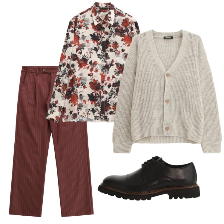 Outfit uomo - Primavera. Stile Casual per Serata speciale. Abbinamento con camicie, pantaloni, cardigans, scarpe stringate.