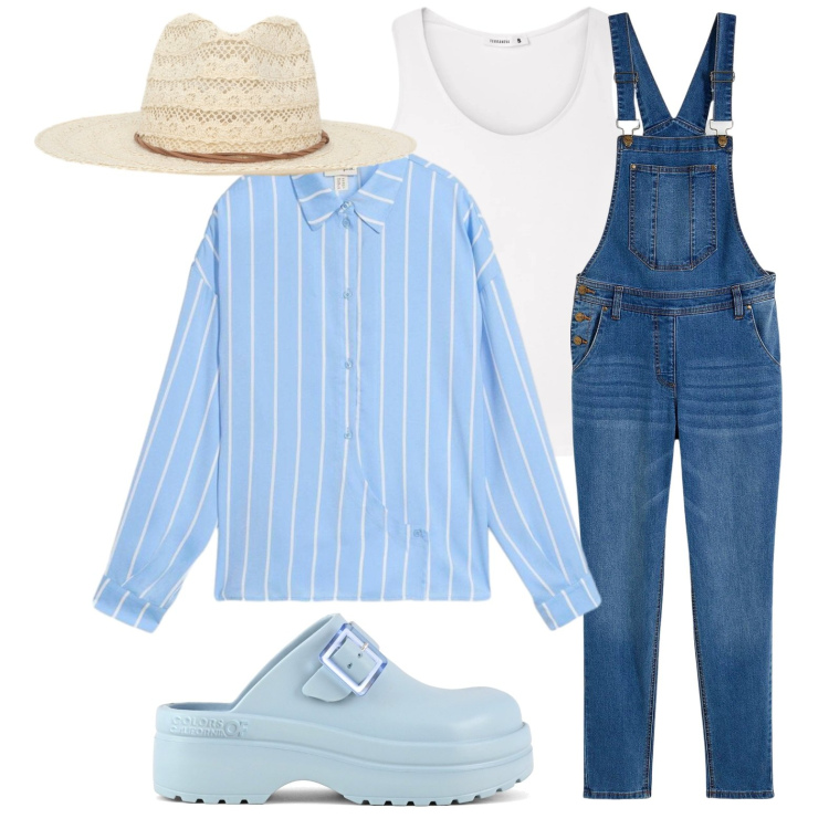 Outfit donna - Salopette per il giardinaggio. Stile Casual per Sport. Abbinamento con salopette, camicie, top, cappelli, zoccoli.