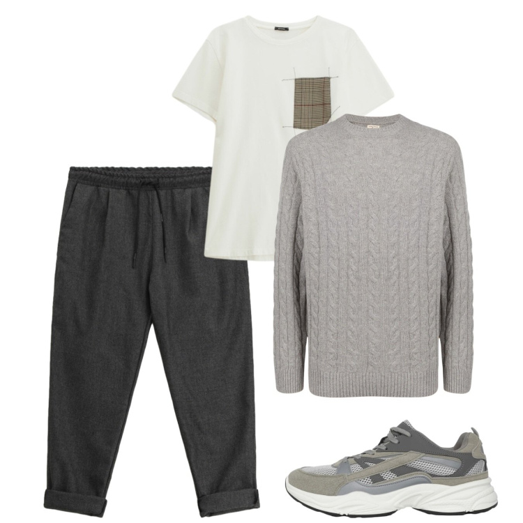 Outfit uomo - Marzo. Stile Casual per Tutti i giorni. Abbinamento con sneakers, pantaloni, t-shirt, maglieria.
