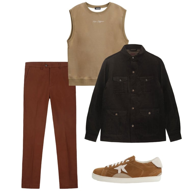 Outfit uomo - Primavera. Stile Casual per Tutti i giorni. Abbinamento con canottiere, sneakers, pantaloni chino, cappotti.