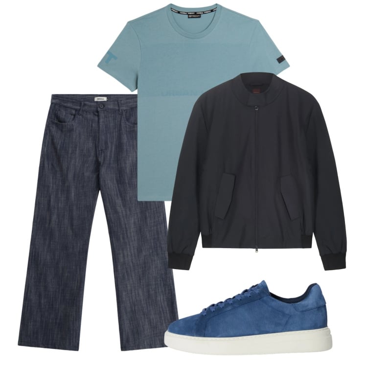 Outfit uomo - Nei toni del blu. Stile Casual per Tutti i giorni. Abbinamento con sneakers, jeans, t-shirt, bomber.