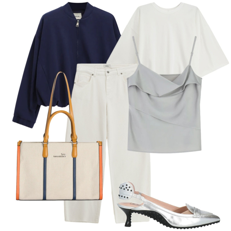 Outfit donna - Layering di primavera. Stile Casual per Tutti i giorni. Abbinamento con décolleté, borse tote, t-shirt, canottiere, jeans, bomber.