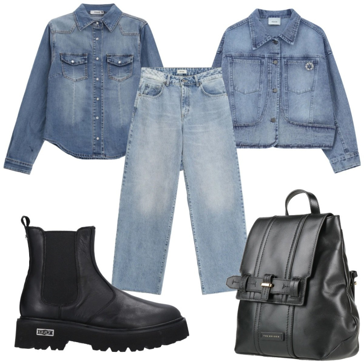 Outfit donna - Denim, but Make It 2026: total denim. Stile Basic per Tutti i giorni. Abbinamento con stivaletti, zaini, jeans dritti, blazer, camicie.